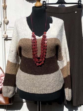 Olasz, V nyakú kötött csíkos pulcsi, barna/bézs/karamell alappal:))