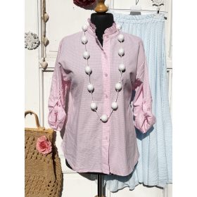   Olasz, apró kockás, fodros nyakú blúz, rózsaszín/fehér alappal:))