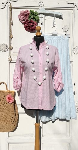 Olasz, apró kockás, fodros nyakú blúz, rózsaszín/fehér alappal:))