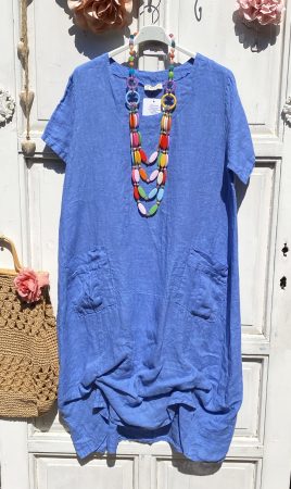 Olasz, elején húzott, zsebes len ruha, kék színben:))