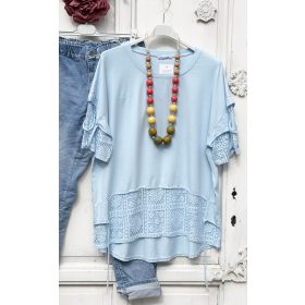   Olasz, alján kerekített, elején és ujján csipkés kék, hosszított felső:))