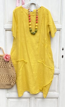 Olasz, len sárga ruha, magában hímzésekkel, hagyma szabással:))