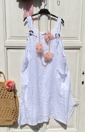 Olasz, len nyári kötény ruha, naaaagy zsebekkel, fehér színben:))