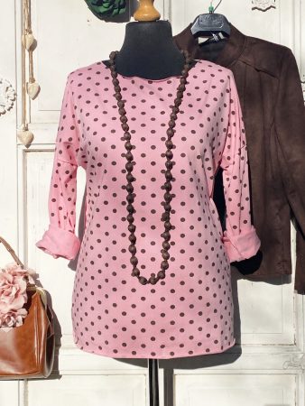 Olasz, rózsaszín alapon barna pöttyös felső:)) Olasz, rózsaszín alapon barna pöttyös felső:))